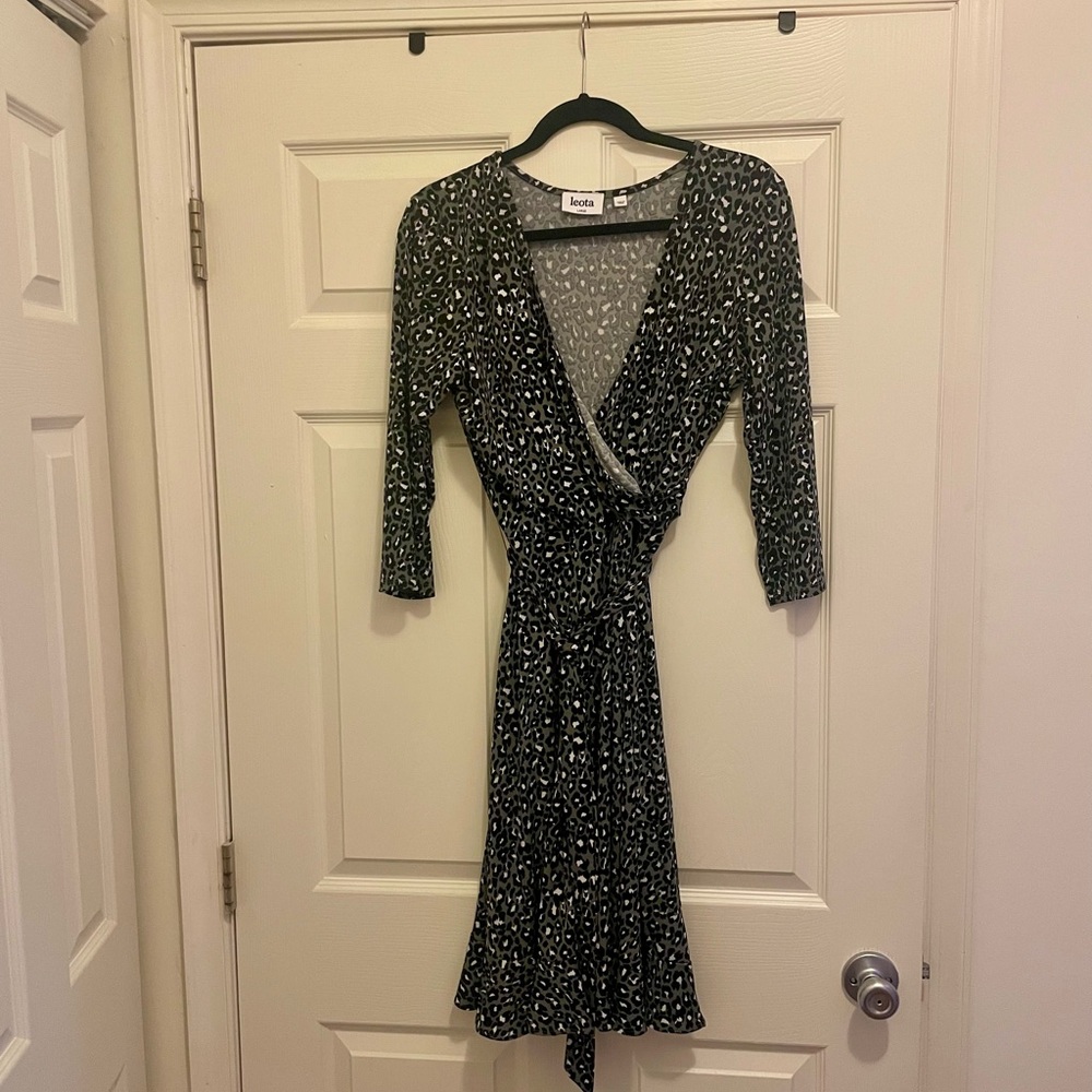 Leota Black and White Wrap Dress with 3/4 Cuffed Sleeves